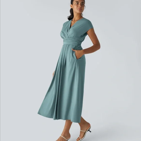 HALARA V neck short sleeve, side pocket, tie back, quick dry dress - Picture 3 of 8